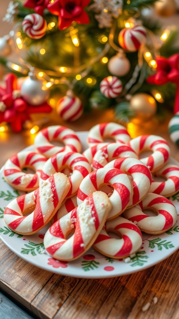 A plate of red and white striped candy cane cookies decorated with crushed peppermint, set against a festive holiday backdrop.